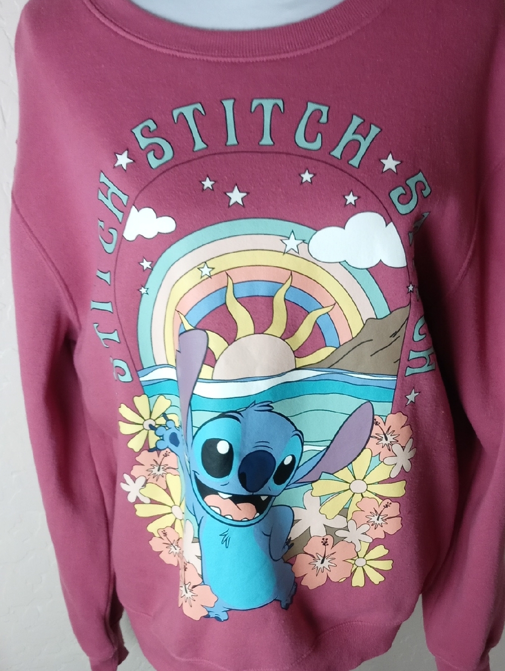 Disney Stitch Pink Rainbow Graphic Crewneck Sweatshirt - Picture 2 of 5